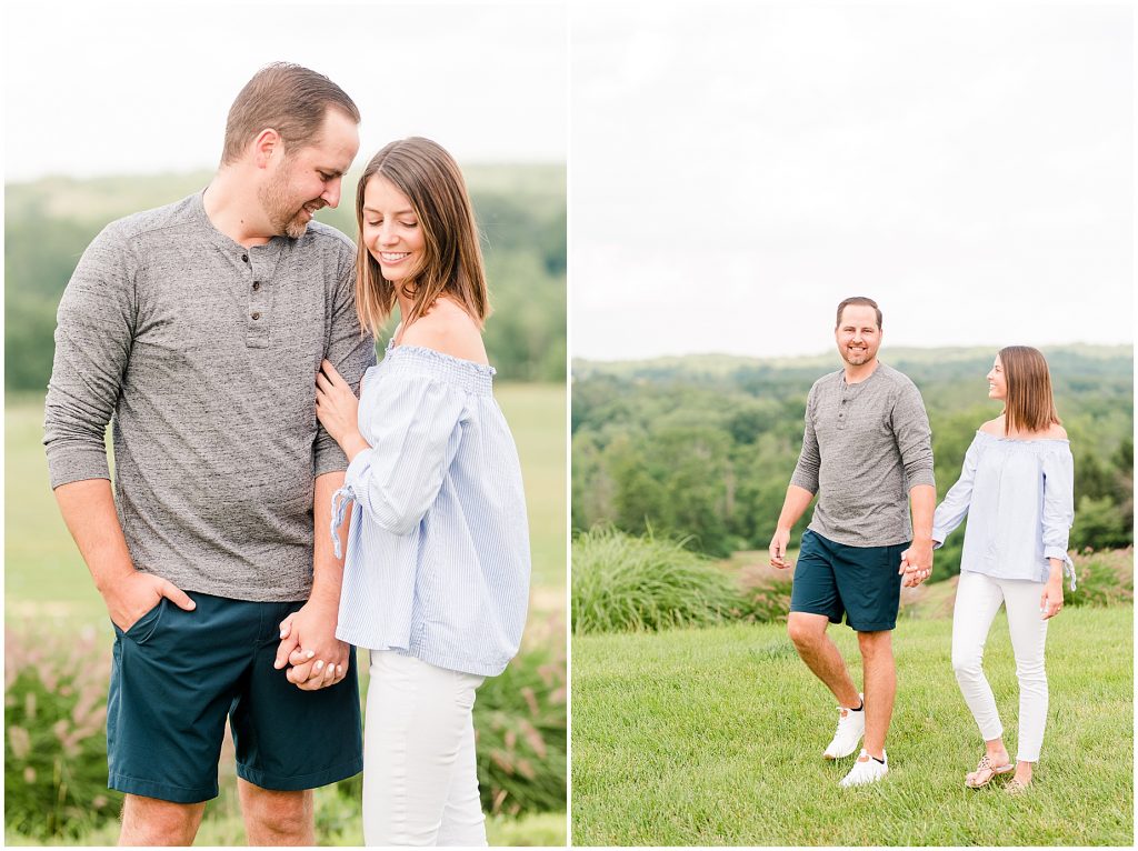 Lansdowne golf resort engagement couple in blue and grey outfits walking on overlook