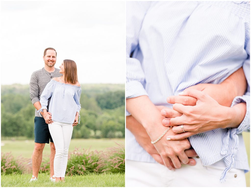 Lansdowne golf resort engagement couple in blue and grey outfits at golf course