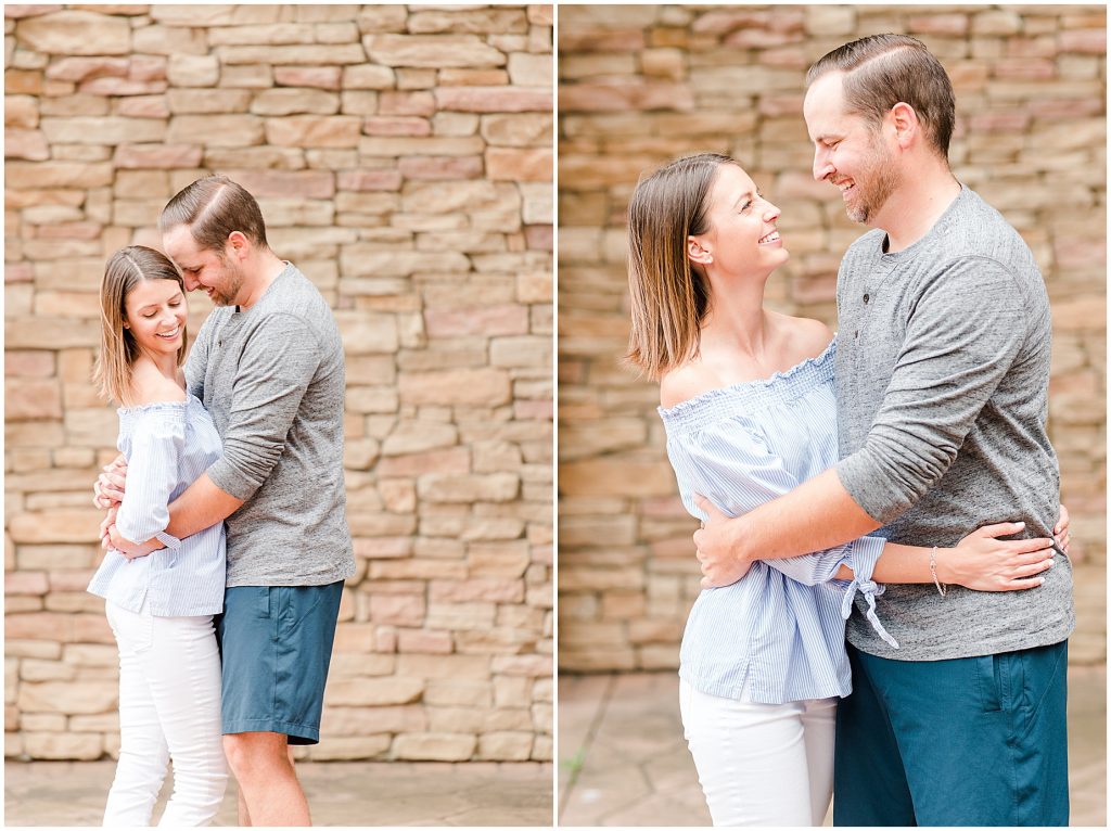 Lansdowne golf resort engagement couple in front of a stone wall