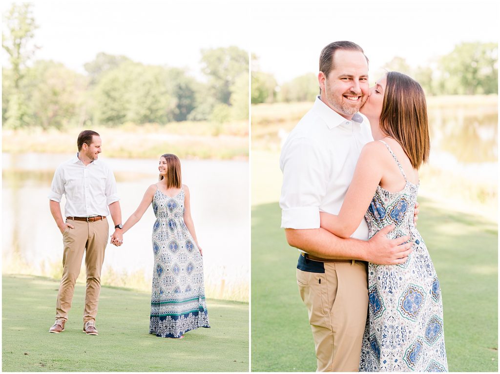 sunny Lansdowne resort engagement session couple kissing on cheek on golf course in Leesburg