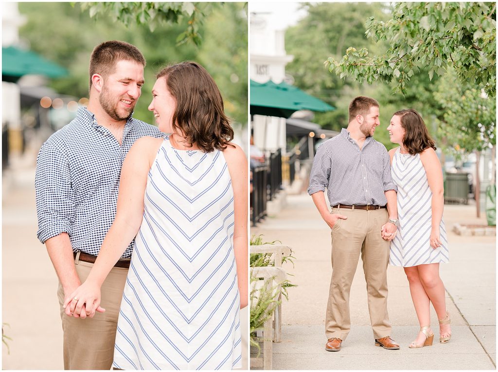 richmond engagement couple at libbie & Grove sidewalk with shops behind them