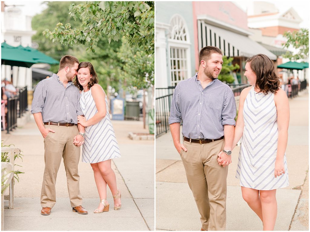 richmond engagement libbie & Grove sidewalk with shops behind them