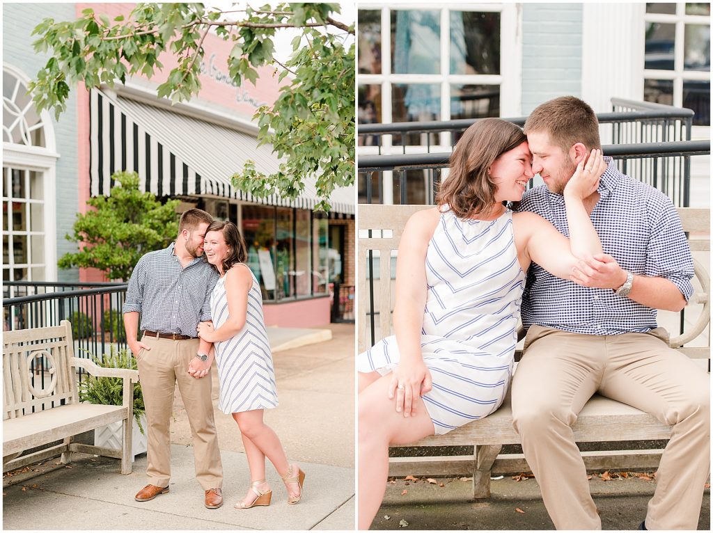 richmond engagement couple at Libbie & Grove sidewalk sitting on a bench