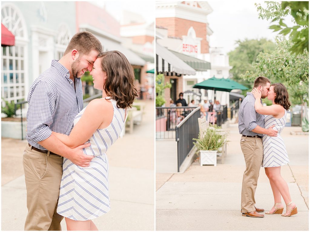 richmond engagement couple at Libbie & Grove sidewalk with shops behind