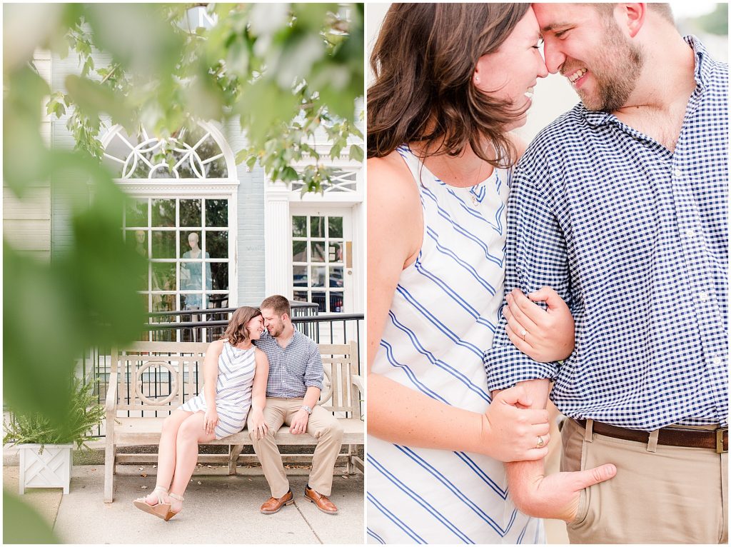 richmond engagement couple laughing at Libbie & Grove sidewalk sitting on a bench