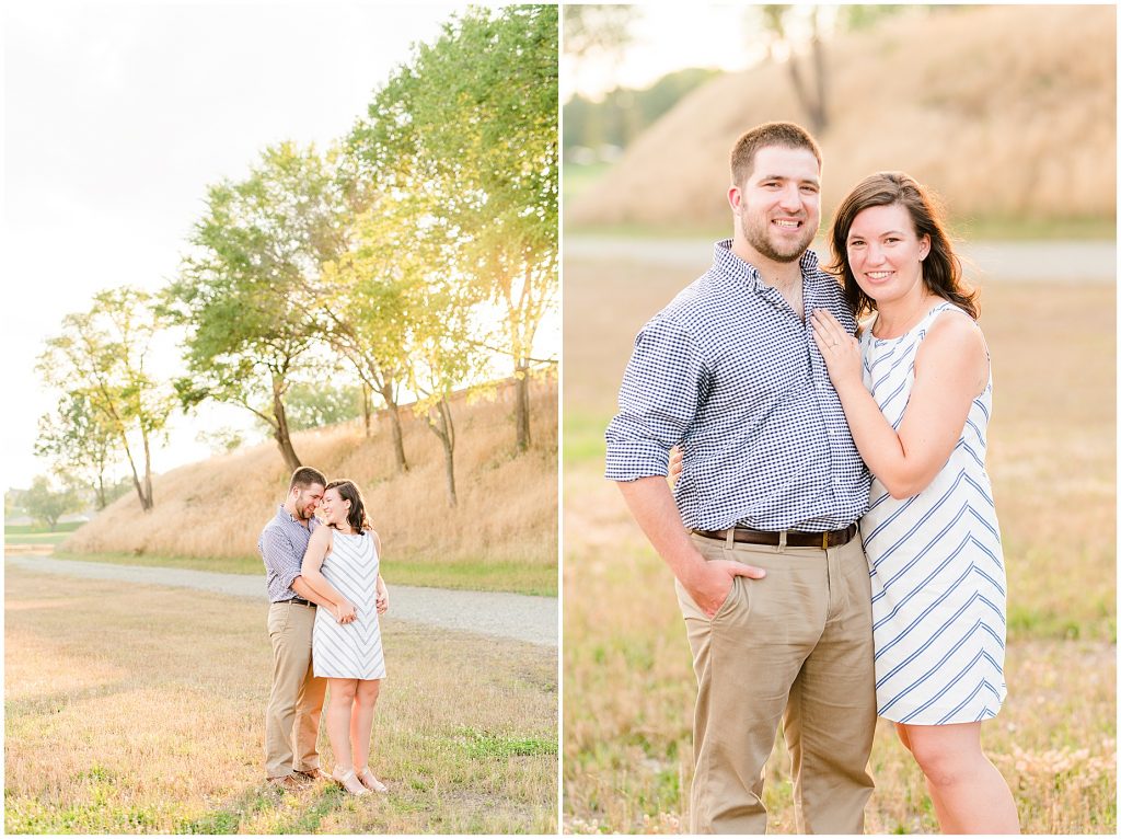 richmond engagement couple at the tredegar ironworks hill near browns island with glowy sun behind