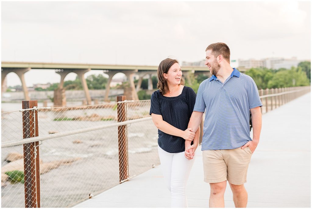 richmond engagement couple on T Pottersfield bridge close to belle isle and browns island