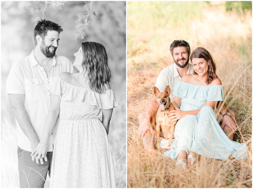 engagement session in tall grass with dog, richmond virginia