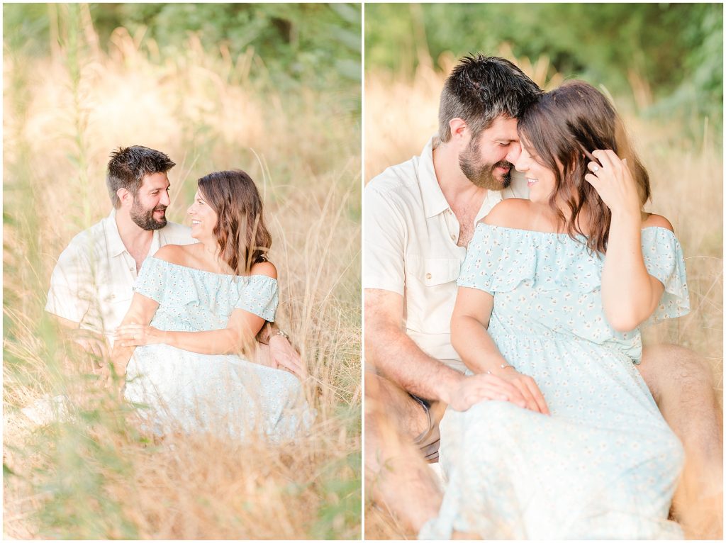 west end richmond engagement session couple sitting in tall grass field