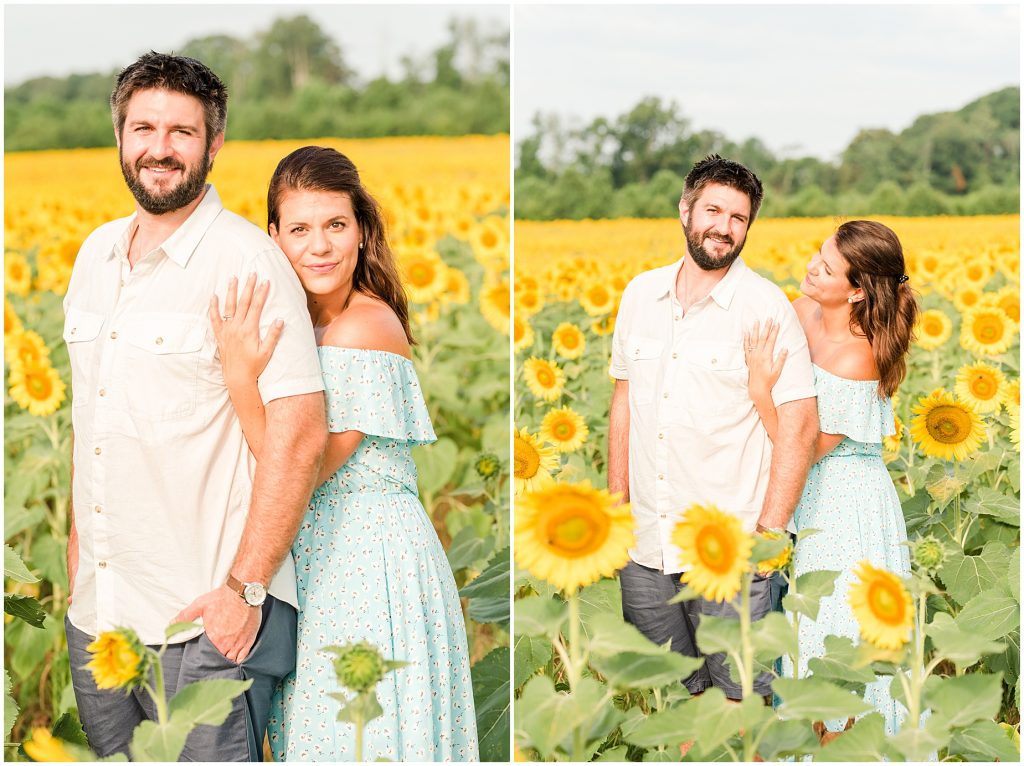 blue dress in sunflower fields engagement session Alvis Farms Richmond