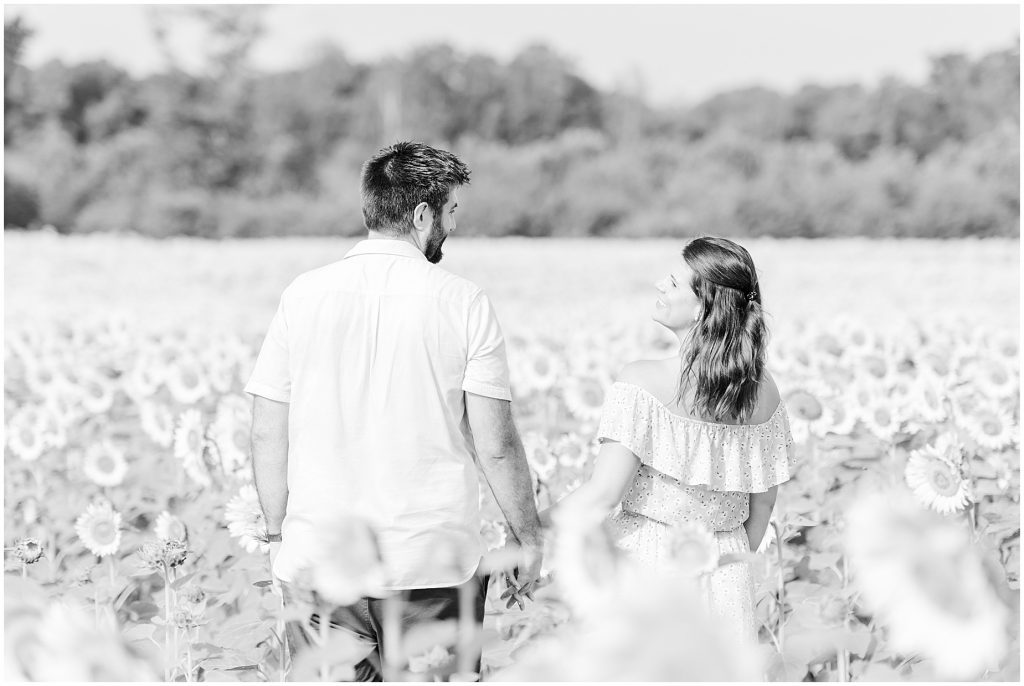 engaged couple walking in richmond sunflower field