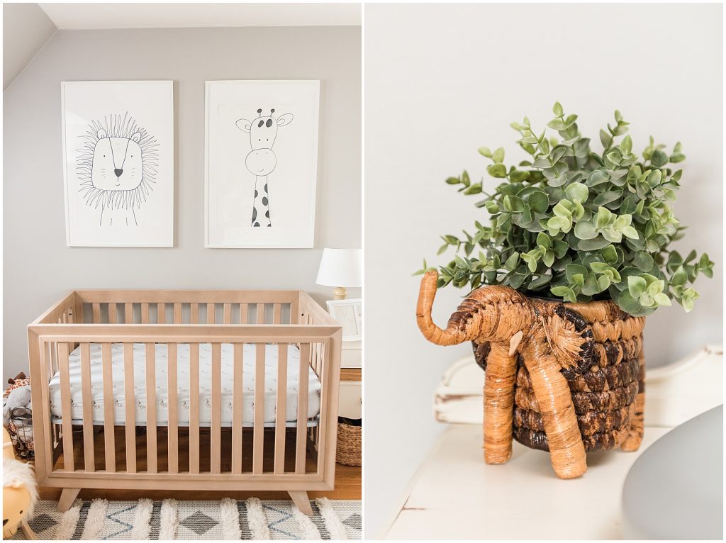 natural crib and elephant planter in safari themed nursery
