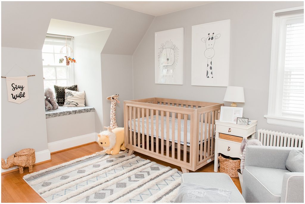 safari themed nursery with window seat