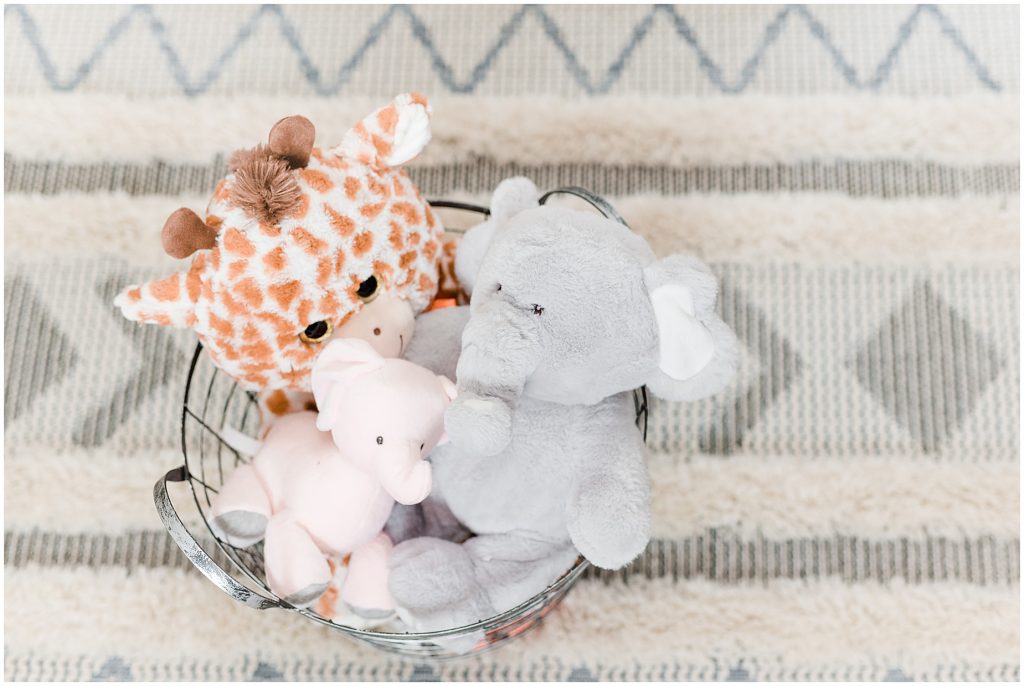 rug and stuffed animal basket in safari themed nursery