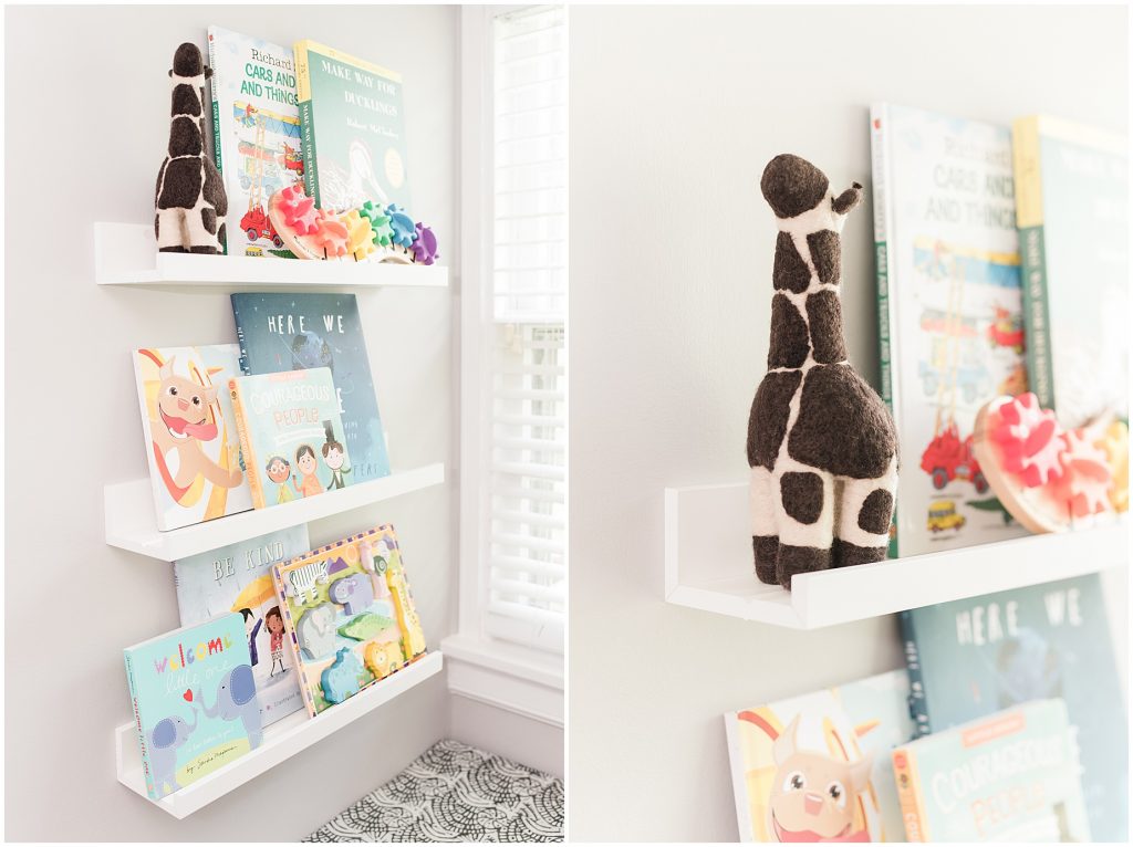 ikea floating frame shelves for books in safari themed nursery