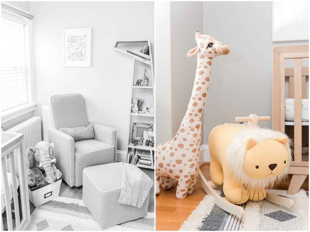 giraffe and lion in safari themed nursery