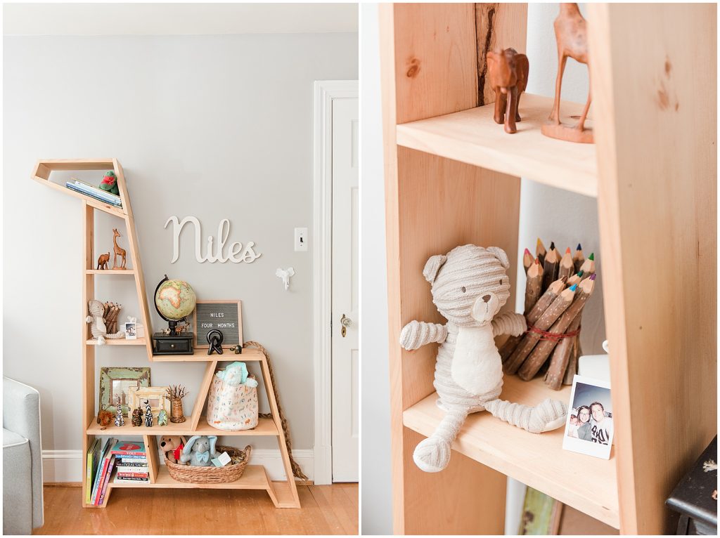 diy giraffe shelf in safari themed nursery