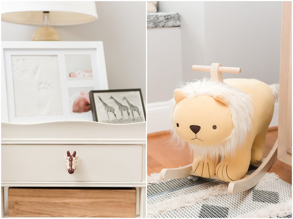 giraffe drawer pulls and lion rocking horse in safari themed nursery