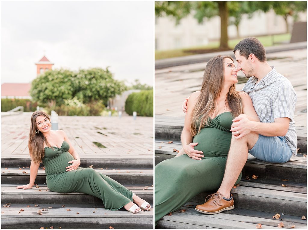 VMFA richmond maternity mother in beautiful green dress holding baby bump