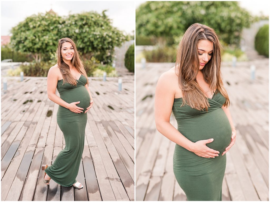 VMFA richmond maternity pregnant mother to be standing in beautiful green dress