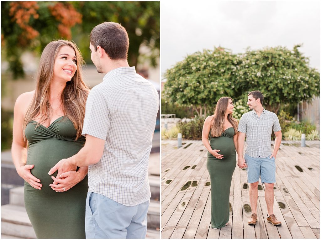 VMFA richmond maternity couple smiling at each other on pavillion