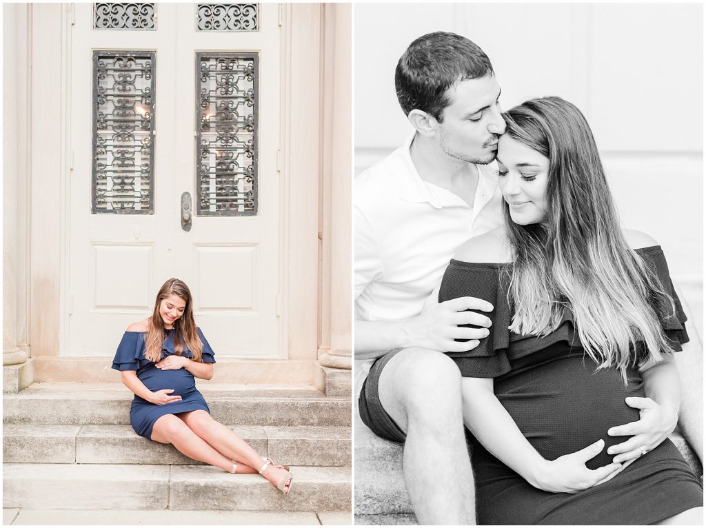 VMFA Richmond Maternity session pregnant mother to be and father couple sitting on steps
