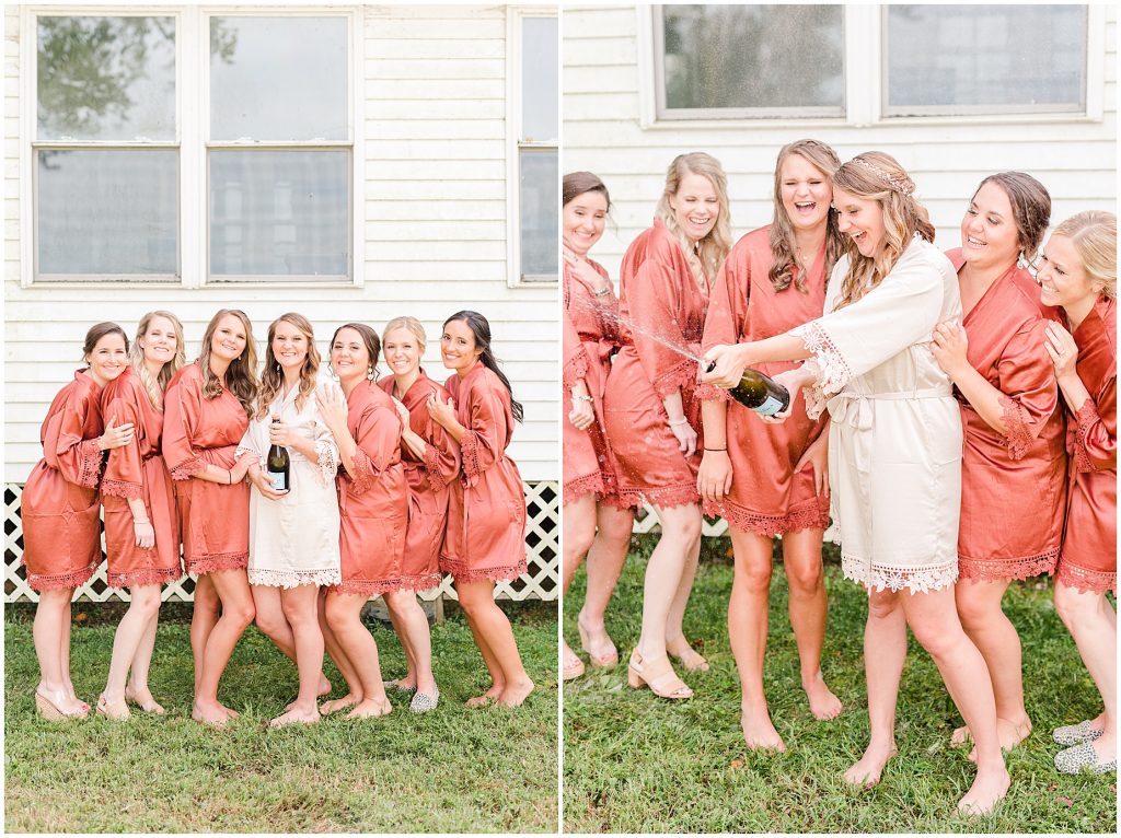 bridesmaids in robes champagne getting ready richmond wedding photographers