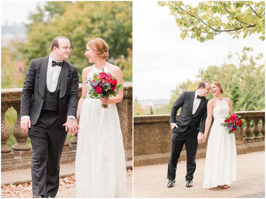 bride and groom in Meridian Hill Park overlook washington dc elopement