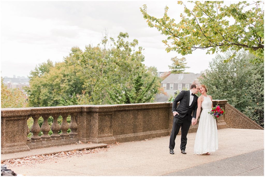 bride and groom in Meridian Hill Park overlook washington dc elopement