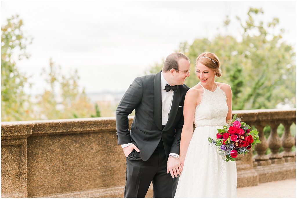 bride and groom in Meridian Hill Park overlook washington dc elopement