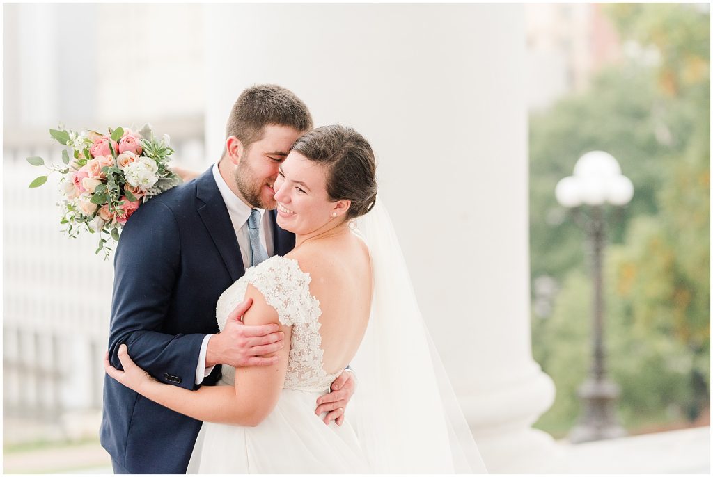 white columns building bride and groom portraits richmond virginia