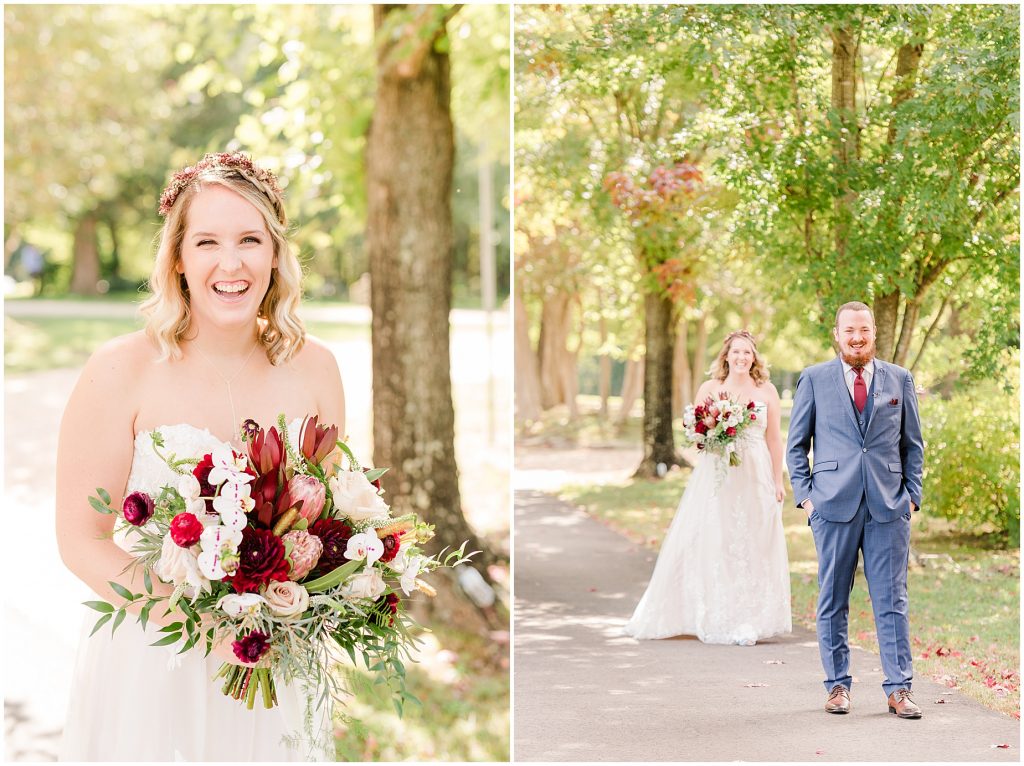 first look bride and groom portraits at wisteria farm entrance richmond virginia wedding