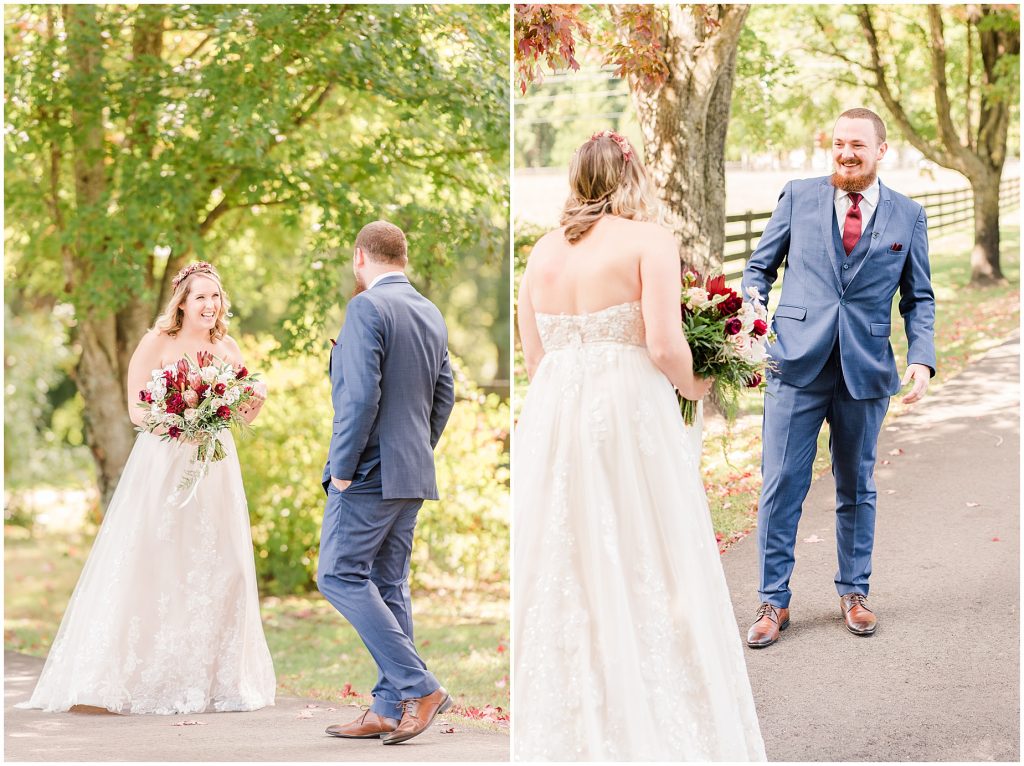 first look bride and groom portraits at wisteria farm entrance richmond virginia wedding