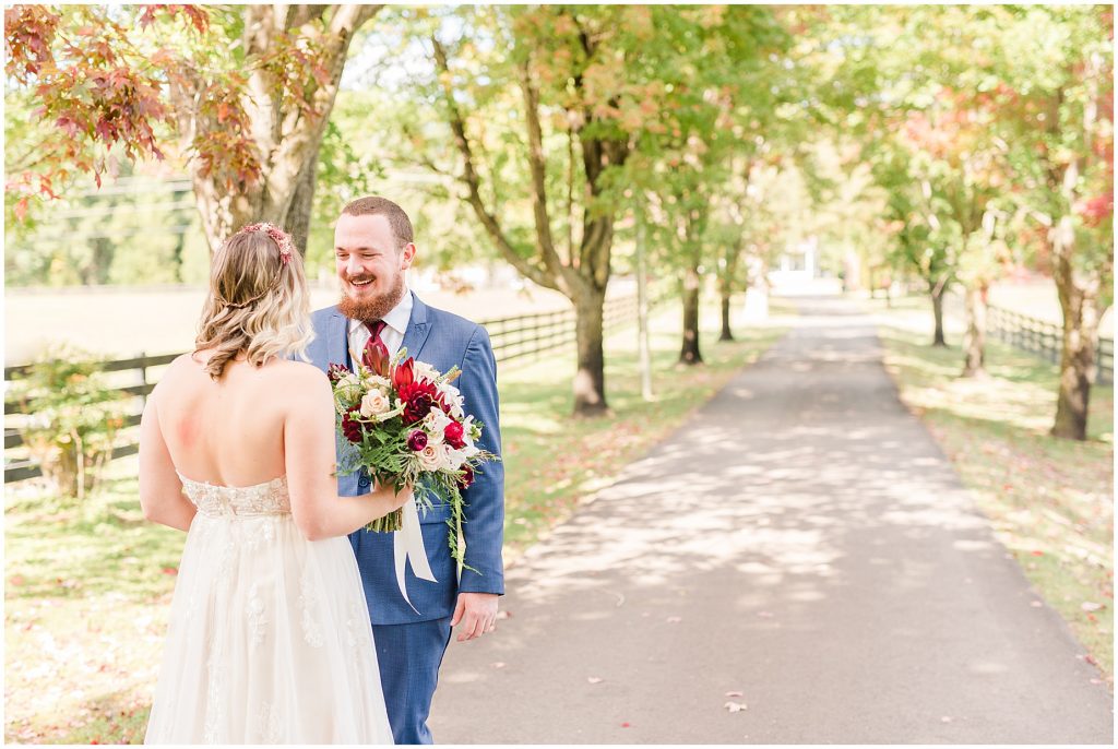 first look bride and groom portraits at wisteria farm entrance richmond virginia wedding