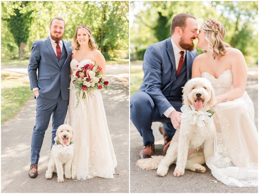 bride and groom with golden doodle dog at wedding richmond