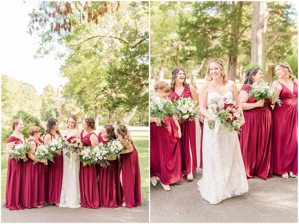 bridal party at wisteria farms blue suits and red dresses