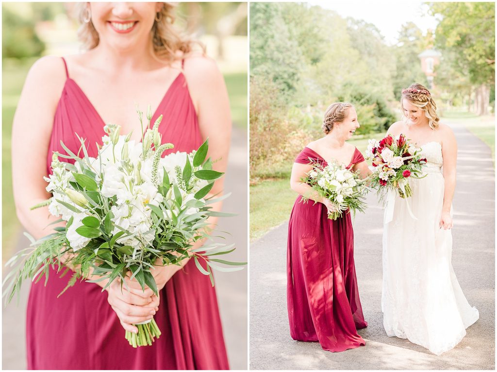 bridal party at wisteria farms blue suits and maroon dresses