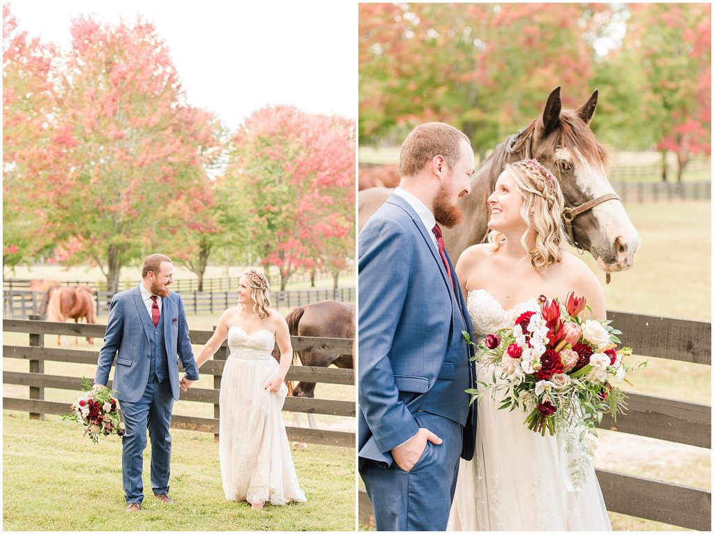 bride and groom with horses at wisteria farms richmond virginia