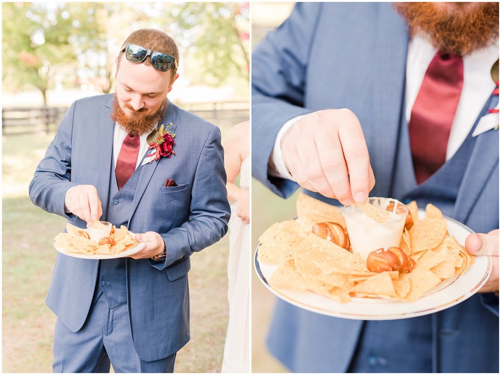 groom at wisteria farms with queso dip cocktail hour