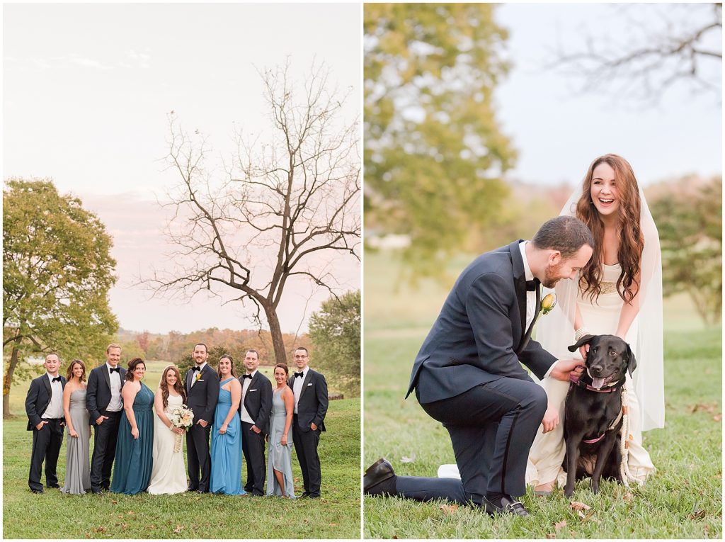 bride and groom with dog and bridal party virginia wedding