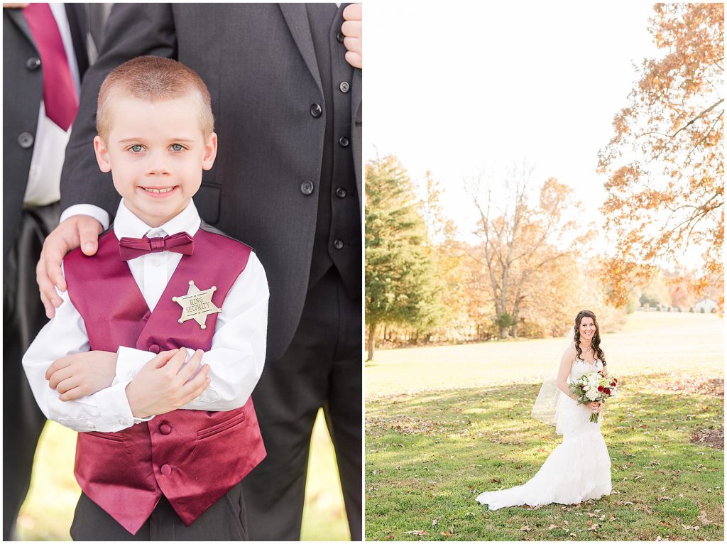 bride and bridesmaids outdoor fall portraits at amber grove virginia wedding venue