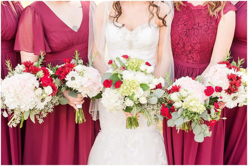 bride and red bridesmaids dresses outdoor fall portraits at amber grove virginia wedding venue