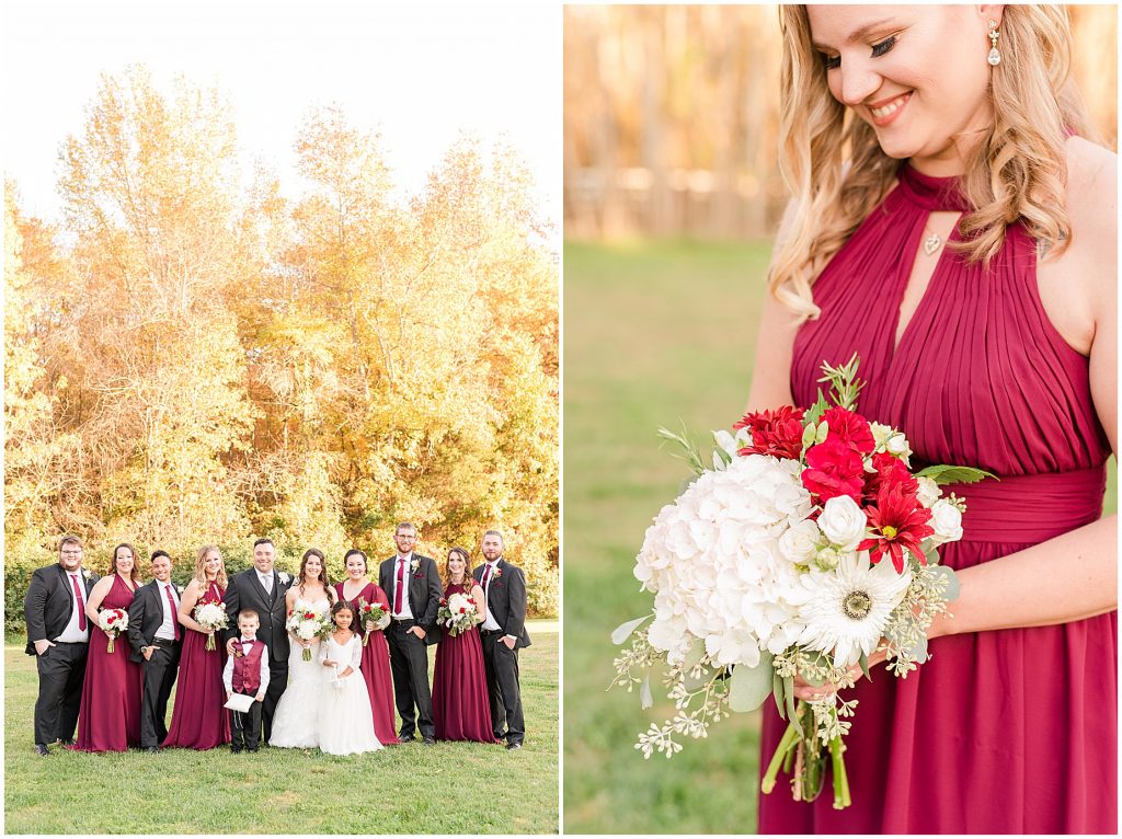 bridal party in maroon dresses and black suits in fall field at amber grove wedding richmond