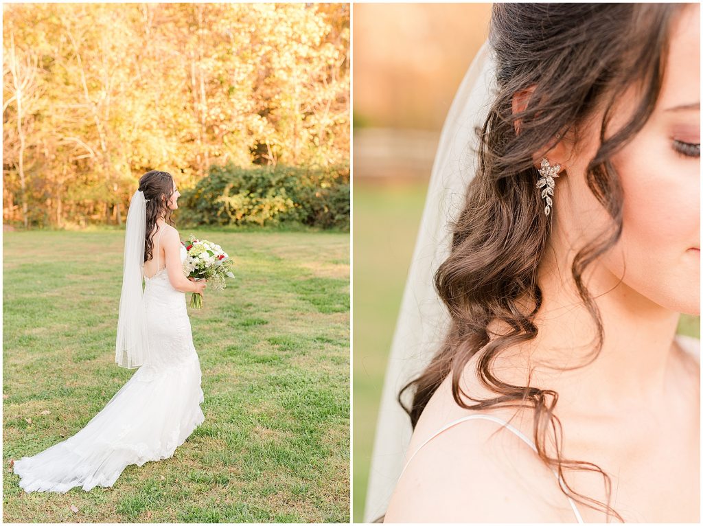 bride walking in field with detail of brides earrings fall wedding amber grove in richmond
