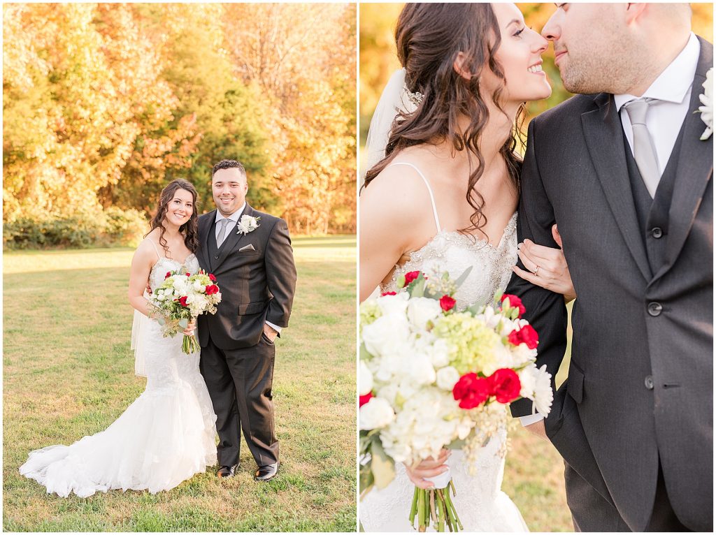 bride and groom walking in field with fall trees behind at amber grove in richmond