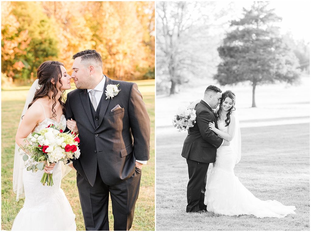 bride and groom in field with fall trees at Amber grove in richmond