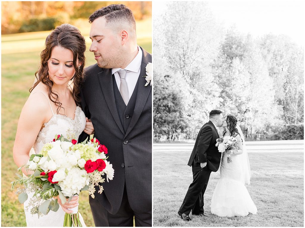 bride and groom kissing in field with fall color trees at Amber grove in richmond