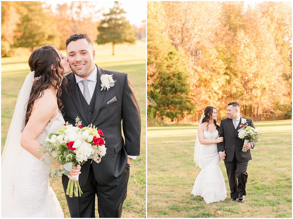 bride and groom walking in field surrounded by fall trees at Amber grove in richmond