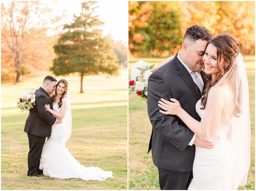 bride and groom laughing in field with fall trees at Amber grove in richmond