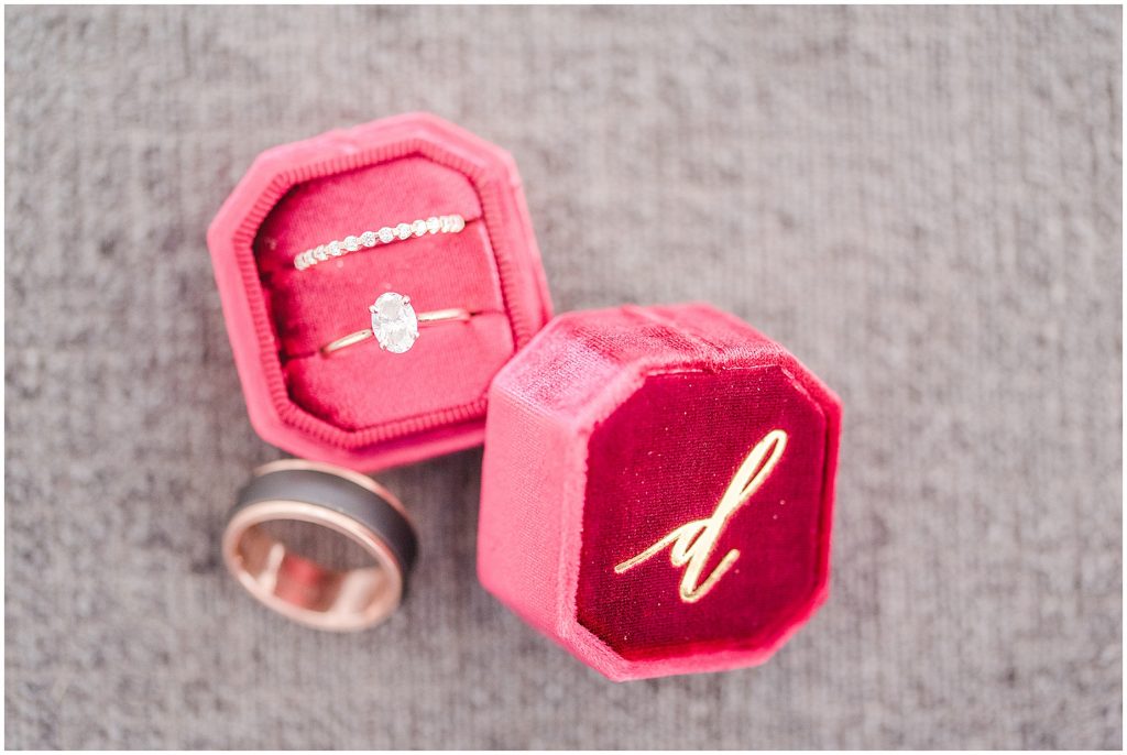 the mrs. box red engraved wedding detail with rings photography